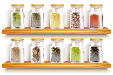 Colored and realistic glasses jars with herbs spices set composition on wooden shelves vector Illustration